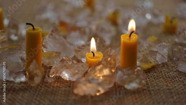 Obraz Yellow candles burning amongst clear crystals on burlap image