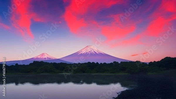 Fototapeta An iconic view of Japan's Mount Fuji, its snow-capped peak mirrored in a tranquil lake, surrounded by stunning autumn foliage and delicate cherry blossoms