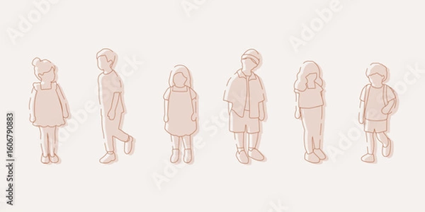 Fototapeta flat minimal children male and female vector illustration in spring summer clothing concept isolated set collection. Outline with silhouette shadow. For architecture, design, info graphic, media