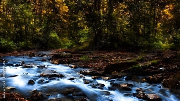 Fototapeta An autumnal forest landscape with a cascading waterfall flowing over rocks and fallen leaves into a stream