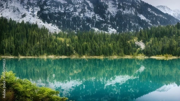 Fototapeta Mountain peaks reflected in a serene lake in Yosemite National Park, with a forest and a summer sky