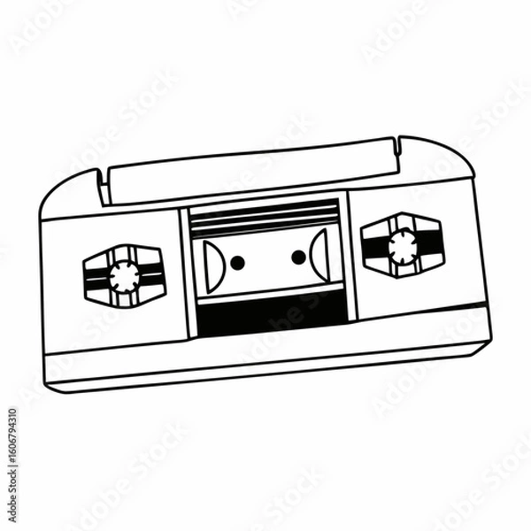 Fototapeta “Black and White Vector Drawing of Retro Cassette Tape – Vintage Audio Technology Illustration”