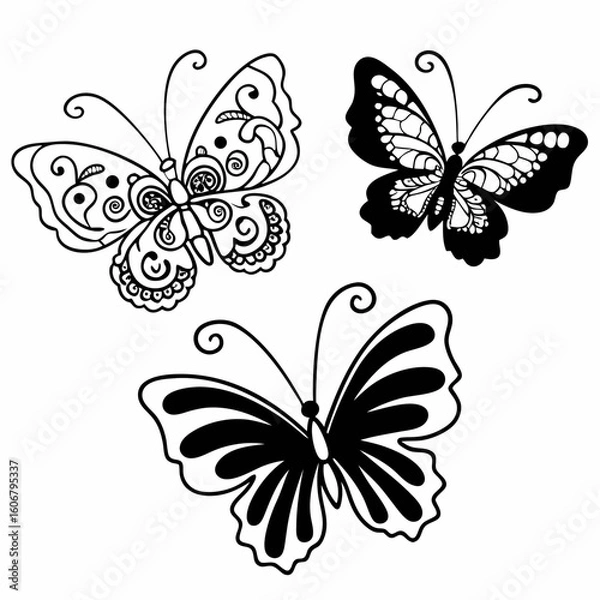 Fototapeta Black & White Butterfly Vector Set – Stylized Wings, Realistic Details, and Abstract Forms