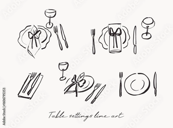Obraz Table settings line art drawings, menu and invitation graphic elements