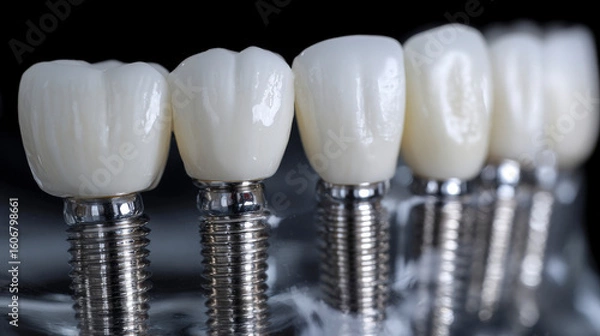 Fototapeta A row of teeth with silver screws in them