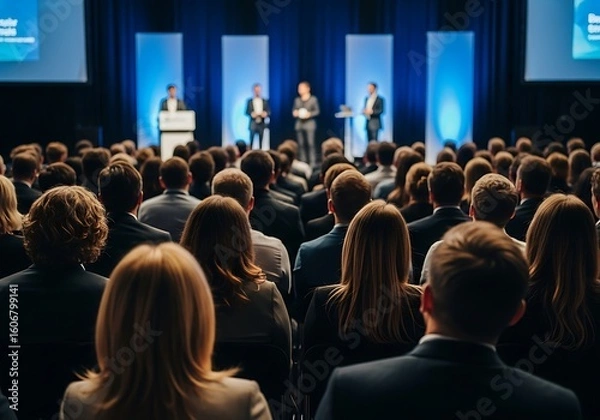 Fototapeta A large audience listens attentively during a business conference presentation