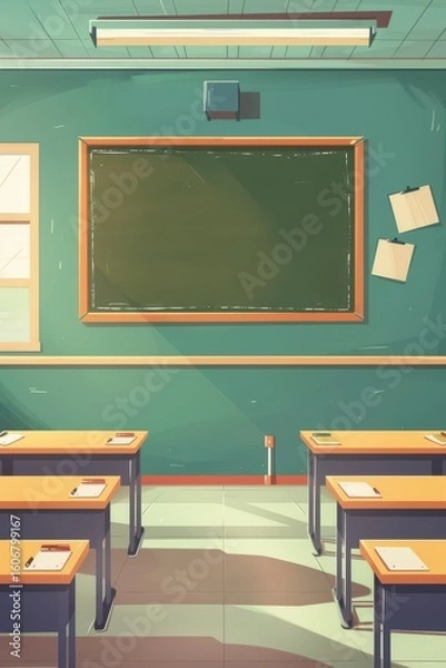 Fototapeta Classroom setting for back to school season with desk and blackboard design for education themes. Flat illustartion. Vertical banner. Copy space. Free space for text
