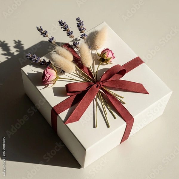 Obraz Minimalist gift box wrapped in kraft paper, tied with ribbon and decorated with dried flowers. Elegant and eco-friendly packaging style on neutral background.