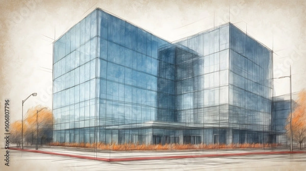 Fototapeta Modern Office Building with Glass Windows, Modern Building Illustration