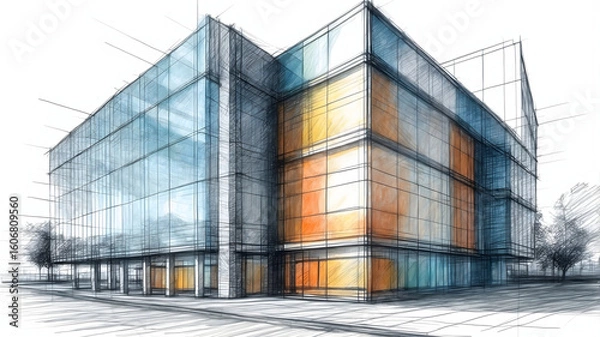 Fototapeta Modern Office Building with Glass Windows, Modern Building Illustration