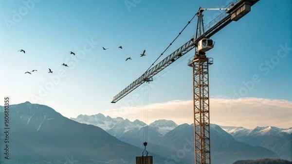 Fototapeta A majestic construction crane stands tall against a soft blue sky, with a hazy mountain range in the distant background