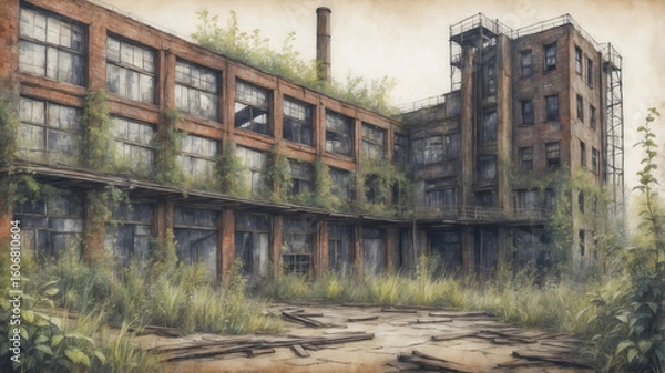 Obraz Old Abandoned Factory, Old Buildings Illustration, 