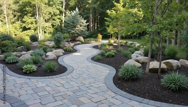 Fototapeta Winding paver walkway through landscaped backyard. Natural stone, plants define garden path, enhancing property curb appeal. Backyard design features decorative rocks, shrubs, bushes, lawn, trees.