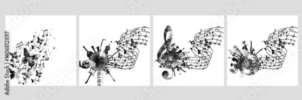 Fototapeta Music background with black and white music notes vector illustration design. Artistic music festival poster, live concert events, party flyer, music notes signs and symbols	