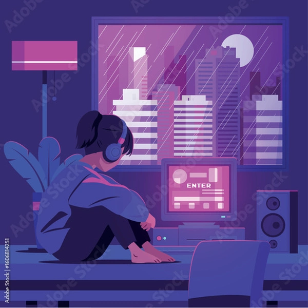 Fototapeta Chill Vibes in a Purple Lofi Retro Room Flat Illustration