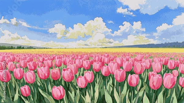 Fototapeta Spring Hush Pink Yellow Tulip field view isolated watercolor vector illustration svg