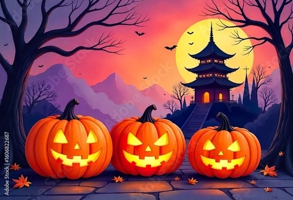 Fototapeta Whimsical Halloween watercolor scene featuring three glowing jack-o'-lanterns near a traditional Japanese pagoda, eerie trees and bats under a colorful spooky sky