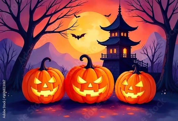Fototapeta Whimsical Halloween watercolor scene featuring three glowing jack-o'-lanterns near a traditional Japanese pagoda, eerie trees and bats under a colorful spooky sky