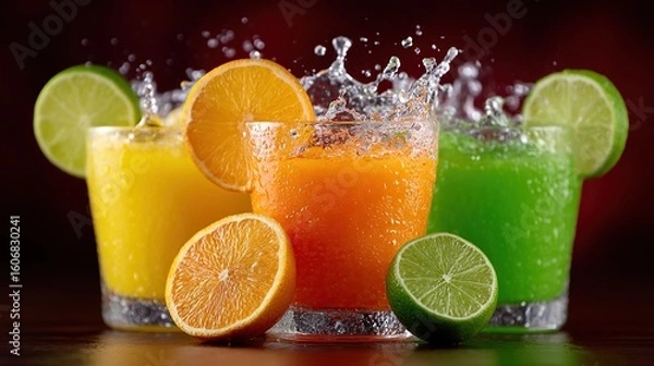 Fototapeta Colorful fruit juices with dynamic water splashes create a refreshing scene.