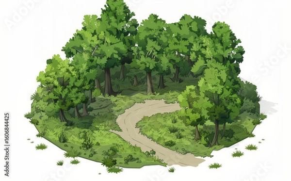 Fototapeta Trees, path in isometric forest, white background, clear illustration. Bold style enhances game art charm.
