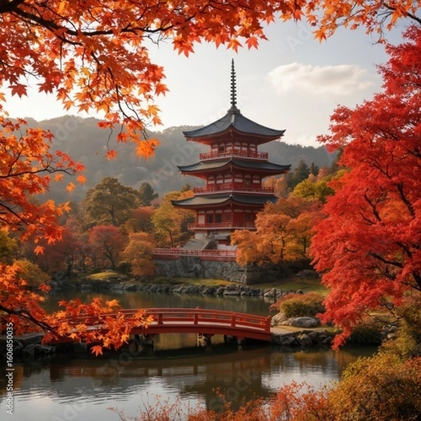 Fototapeta Ancient Yubun Pagoda in Kyoto, Japan stands tall amidst vibrant orange, red autumn leaves. Three-story structure with red roof, balcony at level, surrounded by trees, serene lake. Wooden bridge