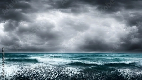 Fototapeta Dark clouds gather over a turbulent sea, their stormy embrace painting a dramatic landscape of rain and crashing waves on the horizon