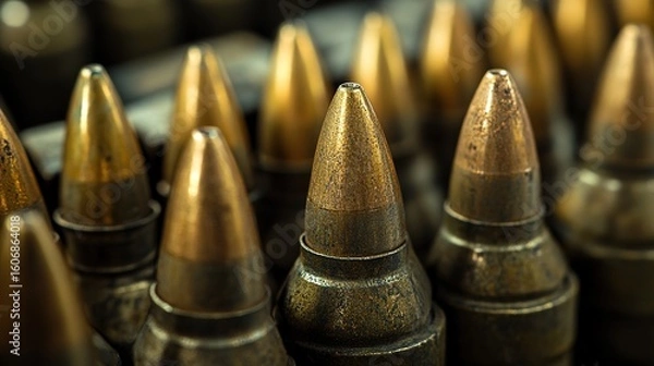 Fototapeta Close-up image of several metallic bullet tips arranged in rows, showcasing their texture and reflective surfaces.