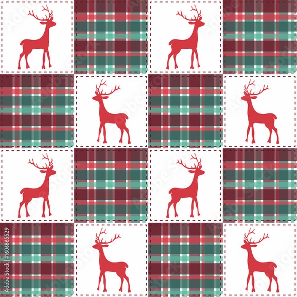 Fototapeta Christmas Reindeer Patchwork Buffalo Plaid Quilt Seamless Pattern