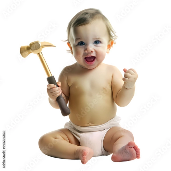 Fototapeta Baby with Hammer A Tiny Builder