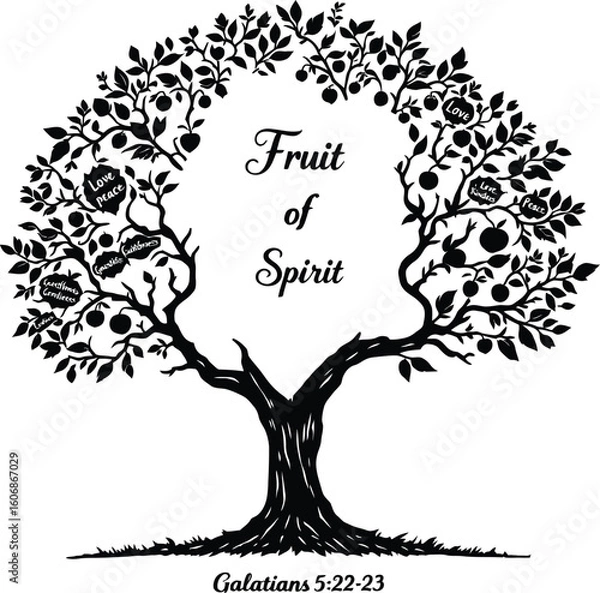 Obraz Fruit of the spirit tree galatians bible verse christian faith illustration black and white religious art silhouette