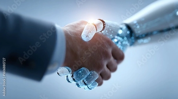 Fototapeta human hand shaking robotic hand symbolizing artificial intelligence partnership and technological collaboration