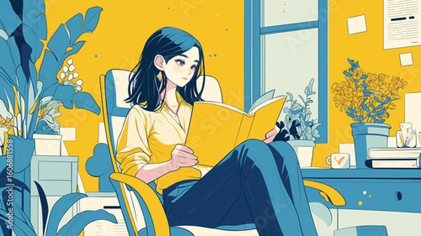 Fototapeta お気に入りの部屋で本を開く女性のリラックス風景を描いたイラスト｜読書習慣・休日の勉強・女性のひとり時間・知的生活・ナチュラルライフ・静寂・日常シーンに最適な背景素材