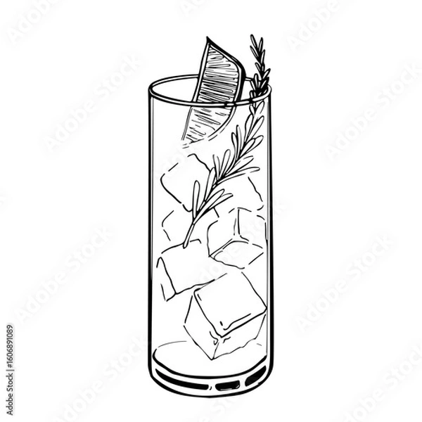 Fototapeta Hand drawn highball glass with ice cubes lemon wedge and rosemary sprig refreshing summer cocktail sketch black and white vector illustration isolated on white background