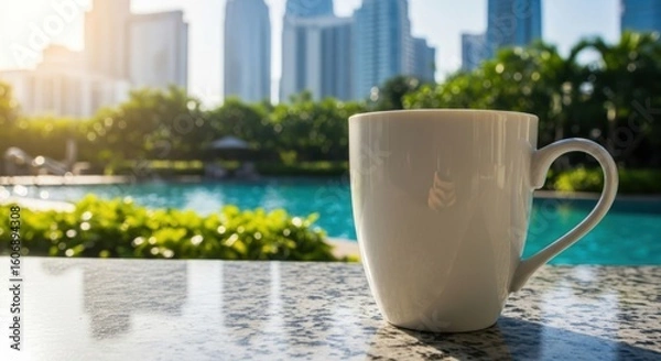 Fototapeta Morning coffee by the pool with city skyline view