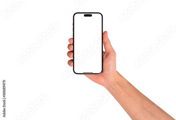 Fototapeta Front view of a hand holding a smartphone with a blank customizable screen isolated on transparent PNG.