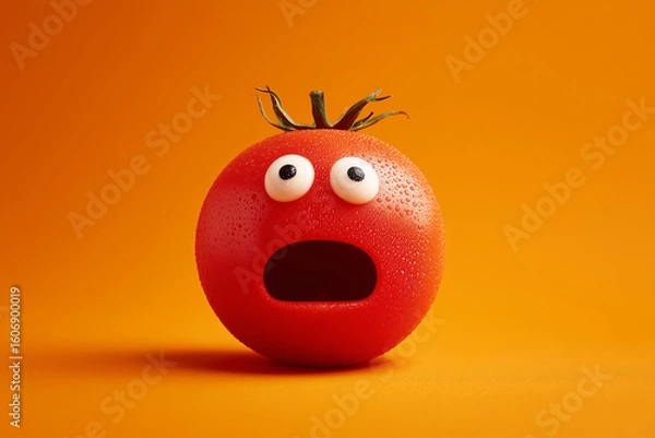 Fototapeta Surprised tomato with big eyes and shocked expression against vibrant orange background