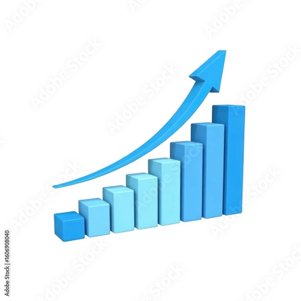 Fototapeta A blue 3d bar graph with upward trend arrow on black isolated background illustration