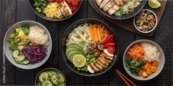 Fototapeta  view of various plates of food.  Multiple bowls and dishes are arranged on luxarious wooden surface.  The dishes contain a variety of healthy meals