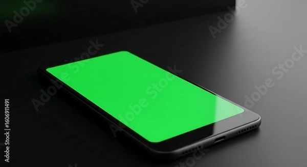 Fototapeta A modern smartphone with a vibrant green screen, resting on a dark surface.
