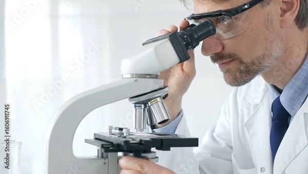 Fototapeta Adult male scientific researcher analyzing sample through microscope, wearing protective gear in high tech laboratory environment. Healthcare, medicine and science concept