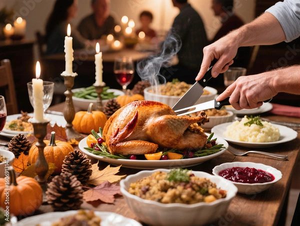 Fototapeta Family celebrating thanksgiving dinner, carving roasted turkey on festive table