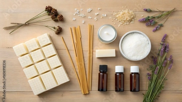 Fototapeta Overhead shot of candle making supplies including wax, oils, and dried flowers on a wooden surface