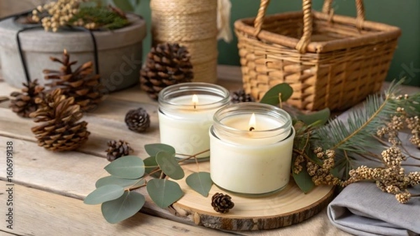 Fototapeta Still life of candles with pine cones and basket on a wooden surface for a cozy atmosphere