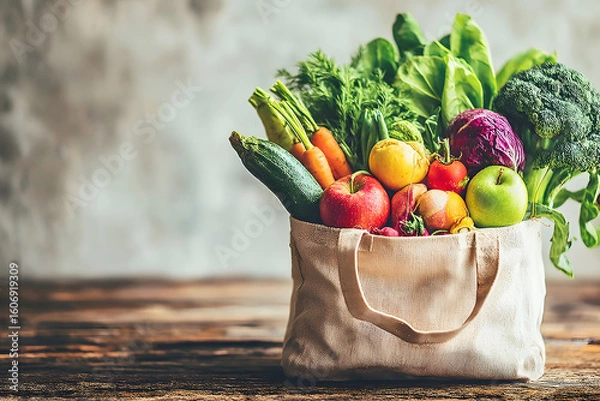 Obraz Fresh produce in a reusable tote bag on a rustic wooden table. Colorful and healthy.