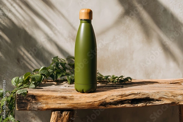 Obraz Reusable water bottle on rustic wooden surface, eco-friendly and sustainable lifestyle.