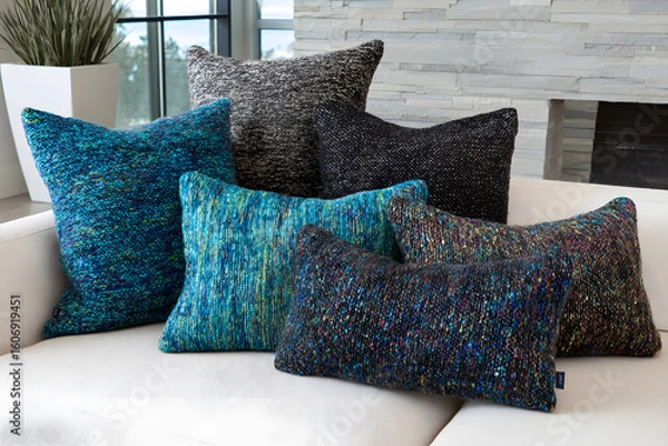 Obraz Assortment of decorative pillows in various colors and textures on a sofa.