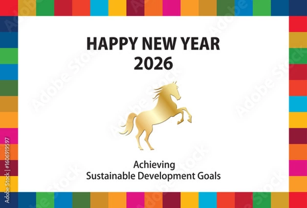Fototapeta SDGs17色フレームと馬のアイコン年賀状2026（横）