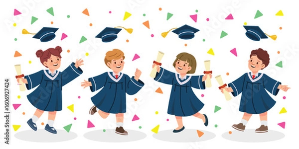 Fototapeta Kids graduation, happy student character in graduation gown and cap for celebration. Flat vector illustrations for academic content.