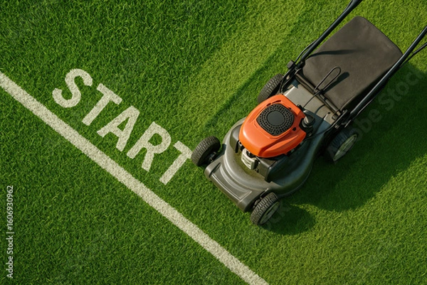 Fototapeta Generative AI: mowing the grass, mowing the lawn with lawnmower. lawn mower on grass next to line and word START
