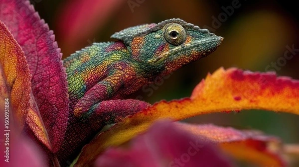Fototapeta Colorful chameleon on vibrant leaves